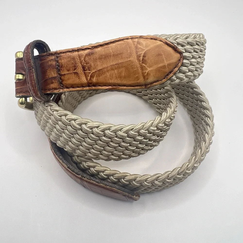 VTG Brighton Woven‎ Textile Belt Men 35-37 Beige Brass Buckle Distressed Leather